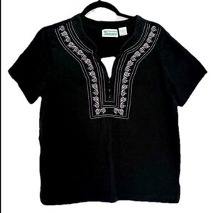 Shenanigan’s Black White Embroidered V-neck Short Sleeve Shirt Top Blouse